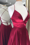 solvbao Burgundy Satin Long Prom Dresses, A-Line Backless Evening Dresses