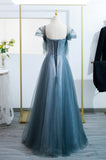 solvbao Blue Tulle Long A-Line Prom Dress, Lovely Blue Evening Party Dress