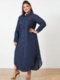 deanwangkt Casual Loose Button Front Irregular Split Hem Denim Maxi Shirt Dress with Front Pockets