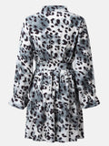 deanwangkt Leopard Print Stand Collar Long Sleeve Button Knotted Dress