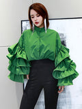 deanwangkt Loose Solid Shirt For Women Stand Collar Lantern Sleeve Patchwork Ruffle Single Breasted Chic Blouse Female  Spring