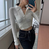 deanwangkt Korean Style Sexy Slim Mint Green Shirt Women Ribbed Irregular Crop Top Autumn Fashion Designer Clothes Ladies Blouses