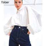 deanwangkt Office Lady Satin Lantern Sleeve Women's Blouse Spring Lapel Loose Elegant Shirt All-Match Casual Button Up Top Women