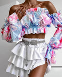 Deanwangkt - Off The Shoulder Floral Print Crop Top With Flare Sleeve And Ruffle Hem