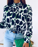 Deanwangkt - Leopard Print Tie Neck Long Sleeve Top