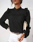 Deanwangkt - Hollow Out Ruffled Lace Long Sleeve Top