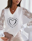 Deanwangkt - Heart Print Contrast Lace Long Sleeve Top