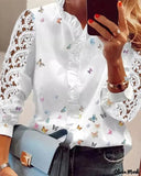 Deanwangkt - Casual Patchwork Blouse Long Sleeve Butterfly Lace Print
