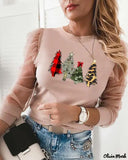 Deanwangkt - Christmas Tree Print Sheer Mesh Long Sleeve Top