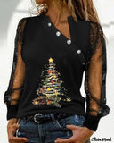 Deanwangkt - Christmas Tree Print Sheer Tulle Long Sleeve Top