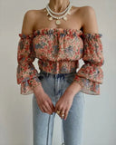 Deanwangkt - Bell Sleeve Chiffon Off The Shoulder Floral Print Top