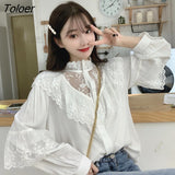 deanwangkt Vintage Chiffon Blouse Women Stand Collar Ruffles Woman Shirts Long Sleeve Lace Blouses Elegant Ladies Tops Blusas 11335