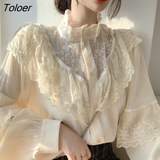 deanwangkt Vintage Chiffon Blouse Women Stand Collar Ruffles Woman Shirts Long Sleeve Lace Blouses Elegant Ladies Tops Blusas 11335