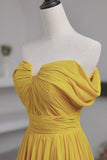 solvbao Yellow Chiffon Long Prom Dress, A-Line Off the Shoulder Evening Dress