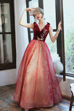 solvbao Burgundy Velvet Tulle Long Prom Dresses, V-Neck Graduation Dresses