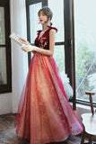 solvbao Burgundy Velvet Tulle Long Prom Dresses, V-Neck Graduation Dresses