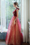 solvbao Burgundy Velvet Tulle Long Prom Dresses, V-Neck Graduation Dresses