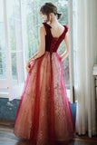 solvbao Burgundy Velvet Tulle Long Prom Dresses, V-Neck Graduation Dresses