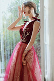 solvbao Burgundy Velvet Tulle Long Prom Dresses, V-Neck Graduation Dresses