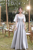 solvbao Gray Saitn Lace Long Prom Dress, A-Line Evening Dress