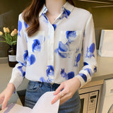 deanwangkt chic flower print Women's chiffon Blouses elegant ladies shirts  Spring Autumn Long Sleeve Shirts Tops Blusas Mujer