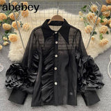 deanwangkt Ruffle Trim Shirt For Women Lapel Lantern Sleeve Loose Solid Button Through Blouse Female Fashion Clothing