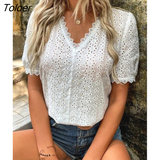 deanwangkt Lace Shirts Women Summer Puff Sleeve Tops Vintage Elegant Pullover White Blouse Women Fashion V-neck Solid Shirt 21385