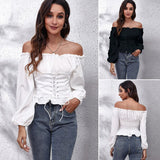 deanwangkt Long Sleeve White Shirt Casual Chiffon Blouse Sweet Front Tie Back Rubber Band Pleated Slash Neck Tops Elegant New 24650