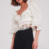 deanwangkt Ruffle Lace Blouse Women White Shirt  Autumn Sexy Ladies Square Neck Tops Puff Sleeve Korean Fashion Clothing