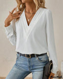 Deanwangkt - V-Neck Long Sleeve Ruched Blouse