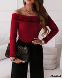 Deanwangkt - Contrast Lace Off-the-Shoulder Long Sleeve Top