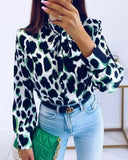 Deanwangkt - Leopard Print Tie Neck Long Sleeve Top