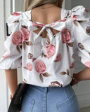 Deanwangkt - Floral Print Puff Sleeve Tie Back Blouse