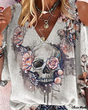 Deanwangkt - Halloween Skull Floral Print Off Shoulder Top