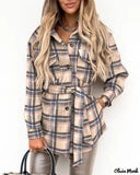 Deanwangkt - Plaid shirt with long sleeves and buttoned pocket with belt