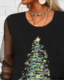 Deanwangkt - Christmas Tree Print Sheer Mesh Long Sleeve Top