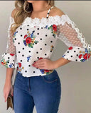 Deanwangkt - Polka Dot Lace Floral Off-the-Shoulder Top