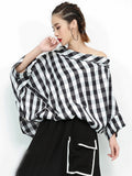 deanwangkt Women Black Plaid Big Size Blouse New Slash Neck Threequarter Sleeve Loose Fit Shirt Fashion Spring Autumn  JF93801