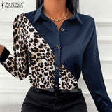 deanwangkt ZANZEA Autumn Women Full Sleeve Blouse Blusa Leopard stitching Lapel Chemise Bohemian Fashion Elegant Work OL Party Retro Tops