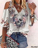 Deanwangkt - Halloween Skull Floral Print Off Shoulder Top