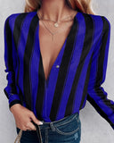 Deanwangkt - Relaxed Deep V Stripe Long Sleeve Blouse