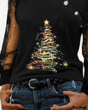 Deanwangkt - Christmas Tree Print Sheer Tulle Long Sleeve Top