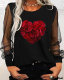 Deanwangkt - Valentine's Day Floral Heart Print Contrast Mesh Long Sleeve Top