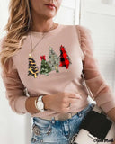 Deanwangkt - Christmas Tree Print Sheer Mesh Long Sleeve Top