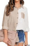 Deanwangkt - Button-Down Collar Long Sleeve Blouse with Colorblock and Pocket Detail