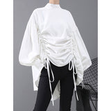 deanwangkt Women Back Long Drawstring Big Size Blouse New Satnd Collar Long Sleeve Loose Fit Shirt Fashion Spring Autumn  1N242