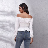 deanwangkt Long Sleeve White Shirt Casual Chiffon Blouse Sweet Front Tie Back Rubber Band Pleated Slash Neck Tops Elegant New 24650