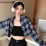 deanwangkt Crop Tops Blouse for Women Korean Casual Plaid Shirts High Waist Long Sleeve Loose Blouses  Blusas Mujer De Moda 27L111