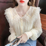 deanwangkt Blouse for Women Sweet Peter Pan Collar Long Sleeve White Shirts Lace Ruffles Chiffon Tops  Blusas Mujer De Moda