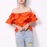 deanwangkt Ruffle Patchwork Short Blouse For Women Slash Neck Casual Solid Shirt Female Fashion New Clothing  Summer New